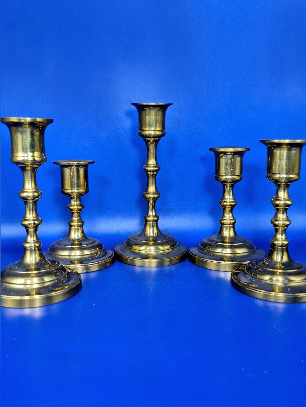 Vintage Solid Brass Graduated Candlestick Holders Set of 5